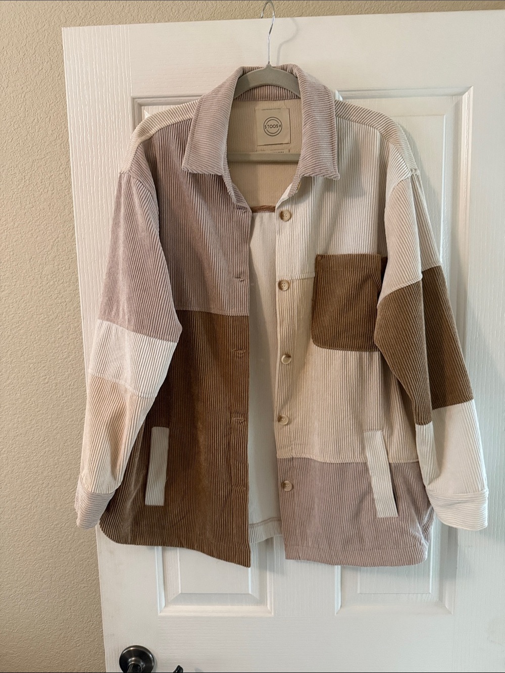 Stoosh Patchwork Corduroy Utility Jacket in Cream, Tan & Brown